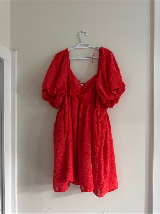 Future Collective Dresses & Skirts - Coral/Red Puff Sleeve Textured Mini Dress
